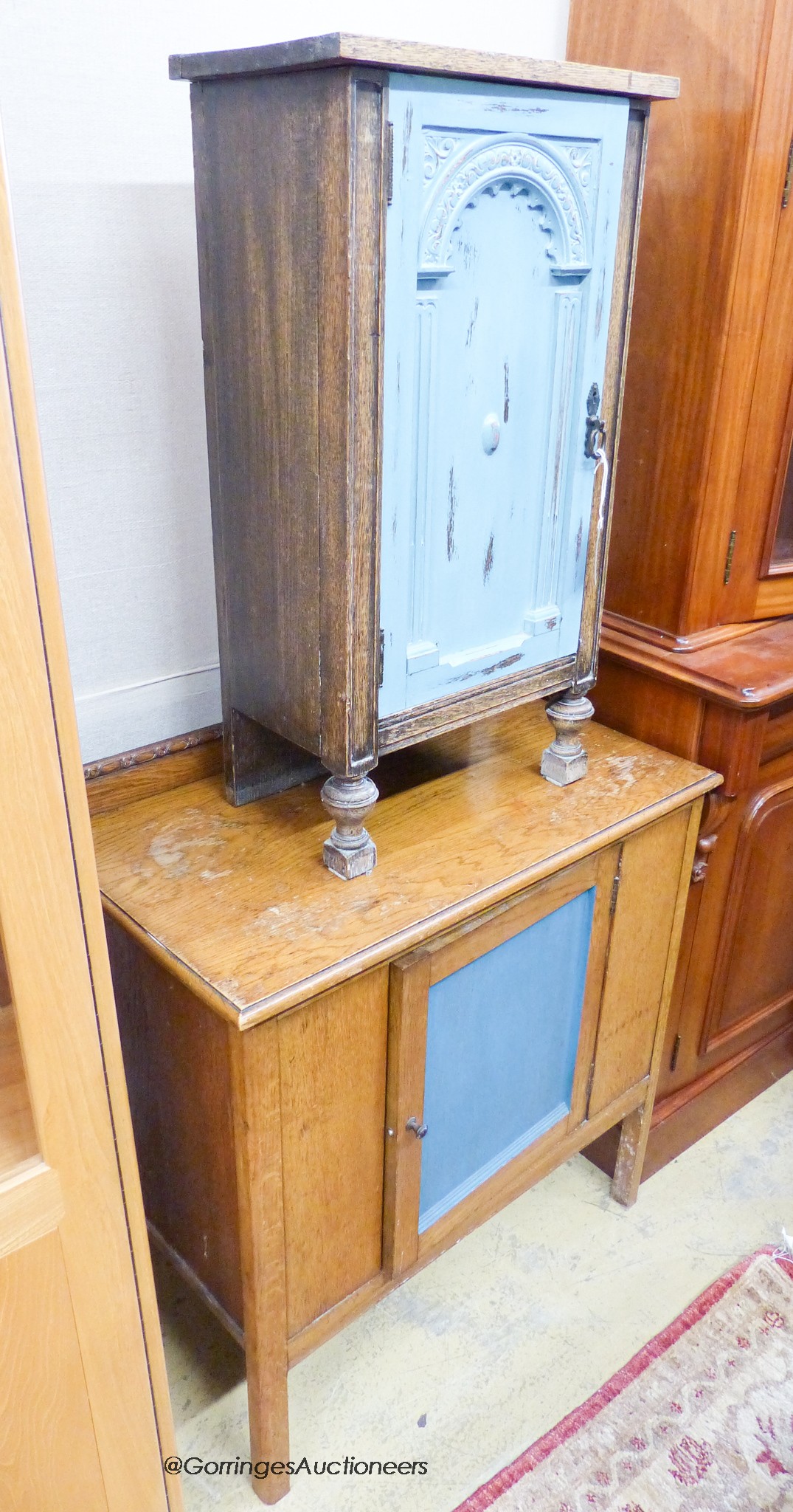 A small part painted oak bedside cabinet, width 43cm, height 78cm together with a part painted oak washstand